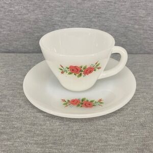 Vintage Fire-King Tea Cup Saucer Red Rose White Floral Milk Glass Retro USA Made